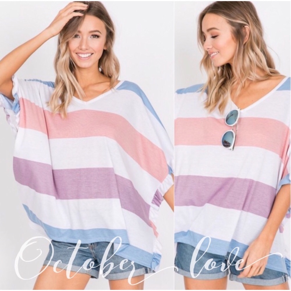 LAST ONE Pastel Color Striped Top with Ruffle Trim - Picture 2 of 5